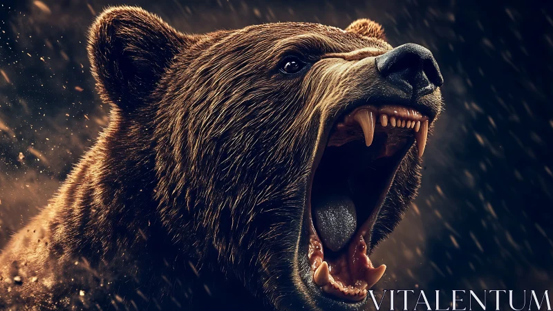 Roaring grizzly bear unleashes power amid flying embers.