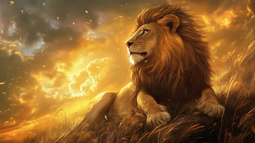 Solar-lit lion in dynamic atmospheric field environment.