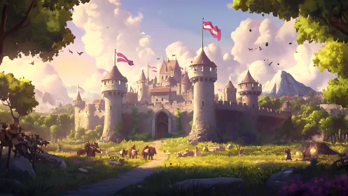 Sunny medieval castle meadow buzzing with peaceful life.