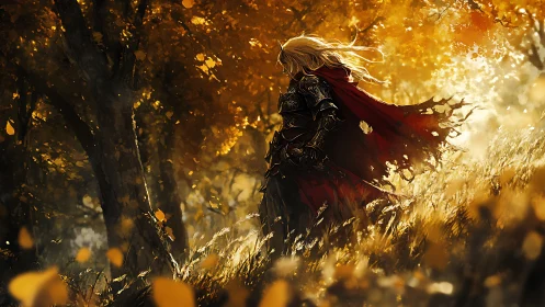 Armored elf warrior pauses in windswept golden forest glade