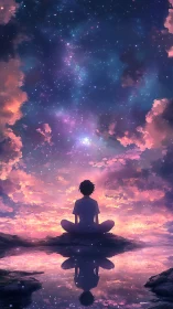 Silhouetted figure under starry sky by reflective water.