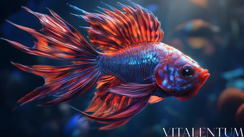Vibrant red betta fish gliding through deep blue water.