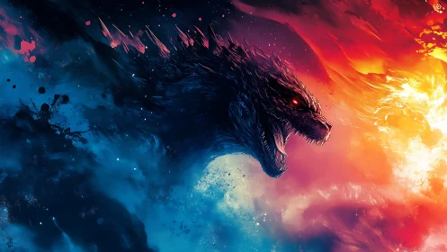 Fiery kaiju roar blazing across vivid cosmic skies.