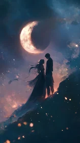 Digital painting of lunar-lit couple in atmospheric silhouette.