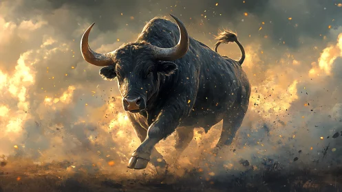 Charging black bull in explosive dust cloud, high contrast lighting