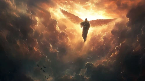 Angelic guardian rises through storm-lit golden clouds.