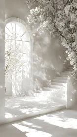 Softly backlit stair hall uses volumetric light and floral occlusion