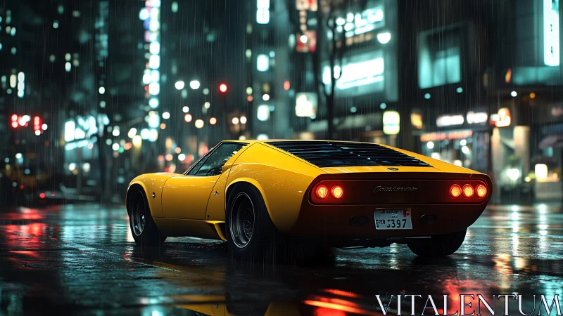 Yellow classic supercar in neon city rain, rear perspective.