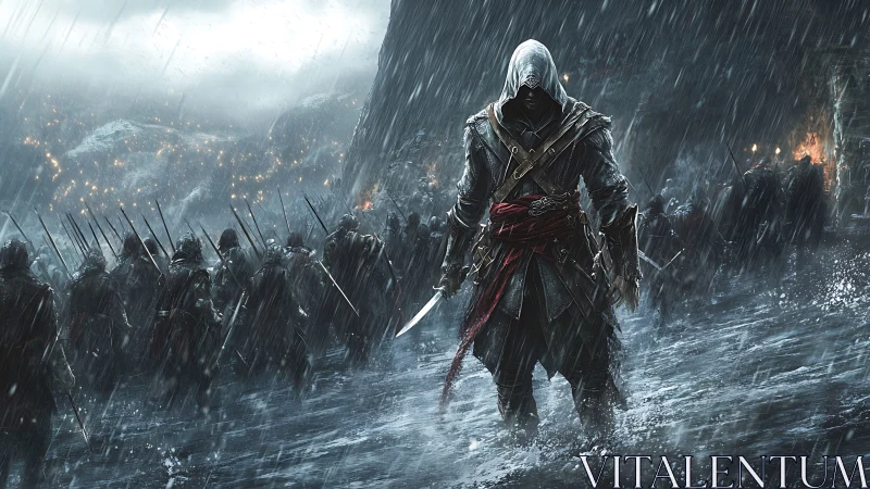 Hooded warrior leading armed soldiers through heavy rain.