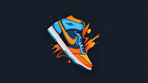 Bold blue and orange sneaker illustration on dark backdrop.