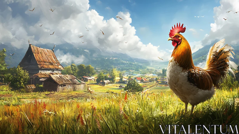Rooster in Alpine Farmland Valley Scene.