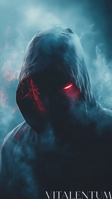 Shadowed hooded figure glows with eerie red light in mist