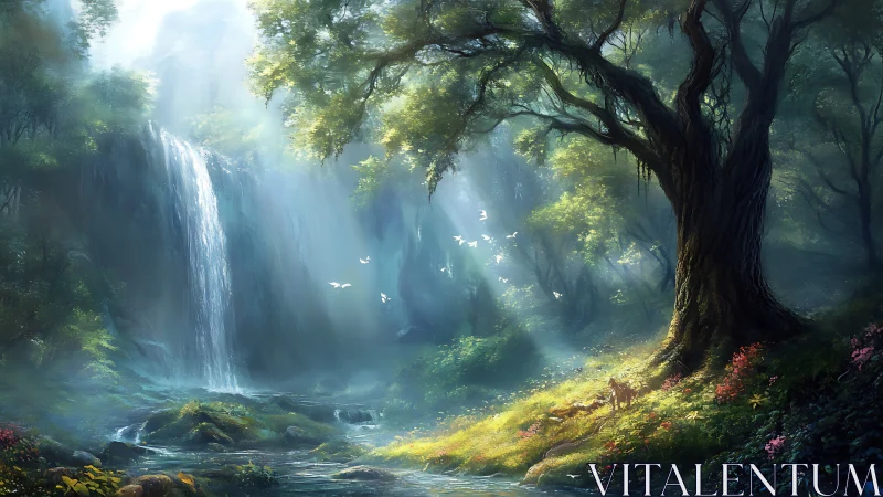 Luminous Cascade Through Verdant Ancient Grove.