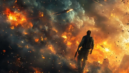 Soldier in Urban Combat Zone with Explosive Destruction