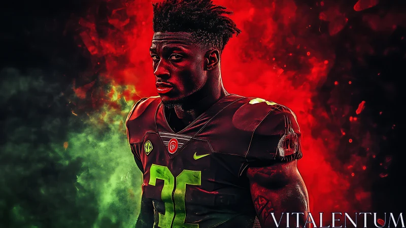Intense gridiron portrait amid red and green smoke clouds.