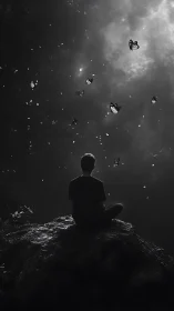 Quiet rockside daydream with butterflies and soft shadows.