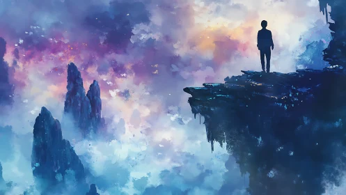 Solitary figure on cliff above misty mountainscape.