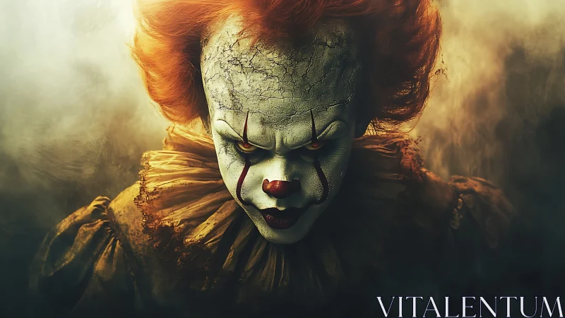 Horror clown portrait with cracked makeup and dramatic chiaroscuro lighting