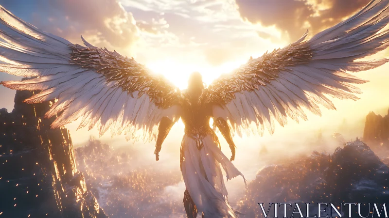 Radiant winged seraph silhouetted against blazing sunrise.