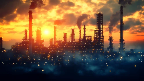 Fiery sunset glows behind a sprawling industrial skyline