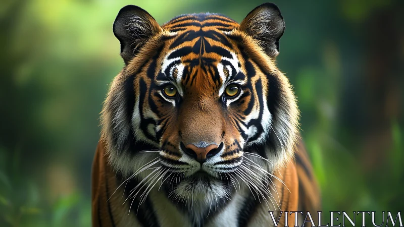 Close frontal portrait of a tiger in soft forest light.