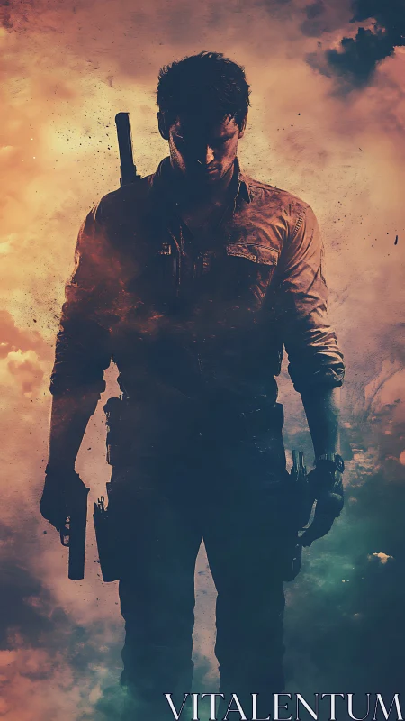 Lone action hero walking through smoke and fading light.