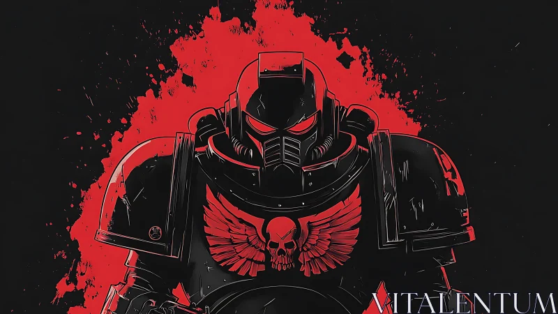 Crimson-armored war sentinel rising from a bloodred storm.