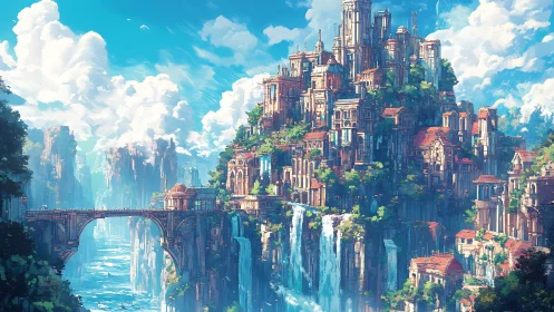 Terraced cliffside city rises above waterfalls and sky bridge