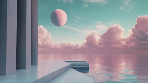 Pastel exoplanet horizon with monolithic waterfront terrace.
