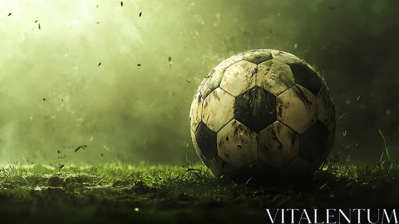 Mud-splattered soccer ball rests on misty green pitch.
