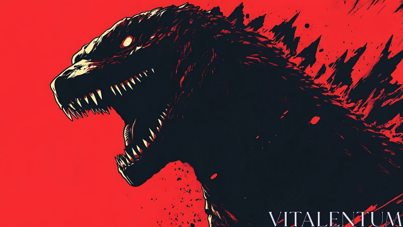 Roaring giant monster silhouette against bold red sky.