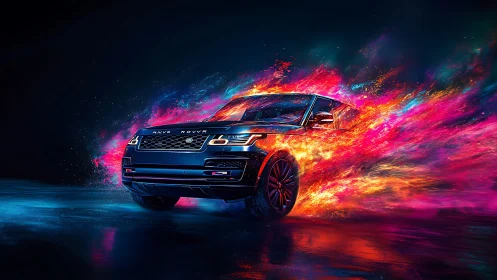 Midnight SUV ignites neon firestorm across liquid asphalt.