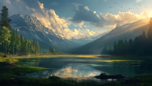 Mountain valley lake at sunrise with dramatic clouds.