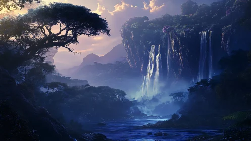 Moonlit cascades whisper across a hidden jungle valley