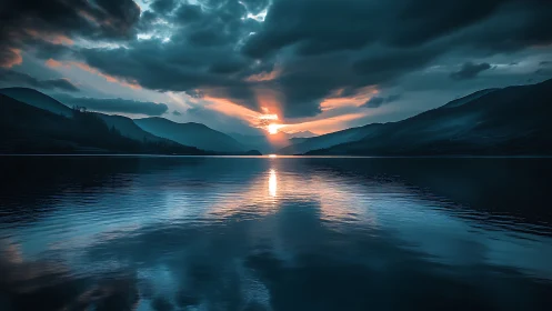Moody mountain lake sunset captures serene reflective stillness