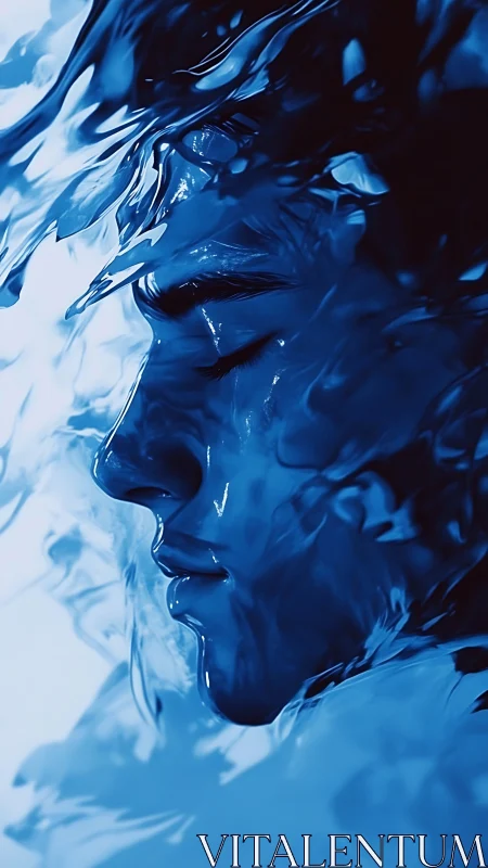 Human profile rendered in blue liquid textures and flow