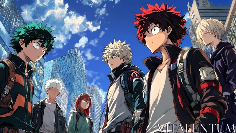 Urban anime heroes under dynamic blue city skyline.