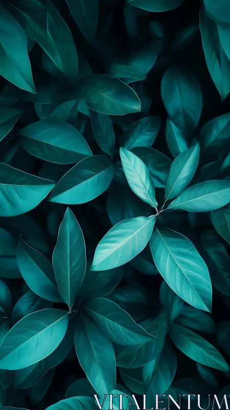 Teal tropical leaves forming dense natural foliage pattern.