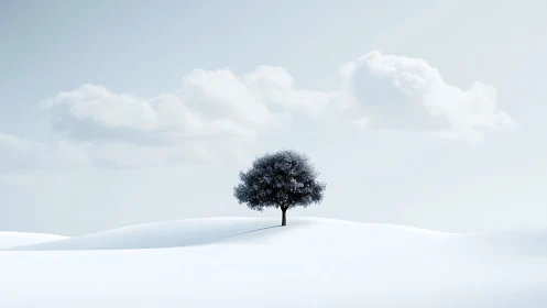 Gentle lone tree resting quietly on soft winter hills.