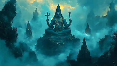 Mystic mountain god sits in calm above misty temple peaks