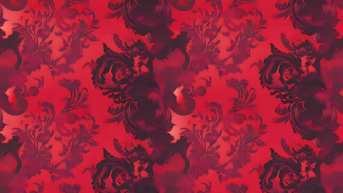 Red damask pattern shows dark floral swirls in repeat layout