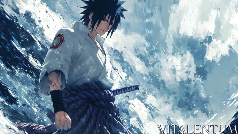 Stoic anime swordsman against abstract sky backdrop.