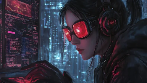 Cyberpunk netrunner with HUD goggles at holographic terminal