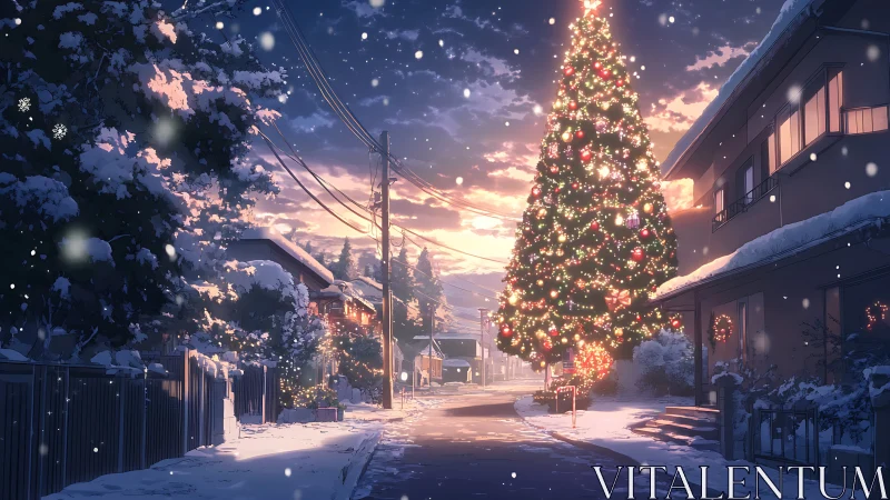 Snowy residential street with tall decorated Christmas tree.