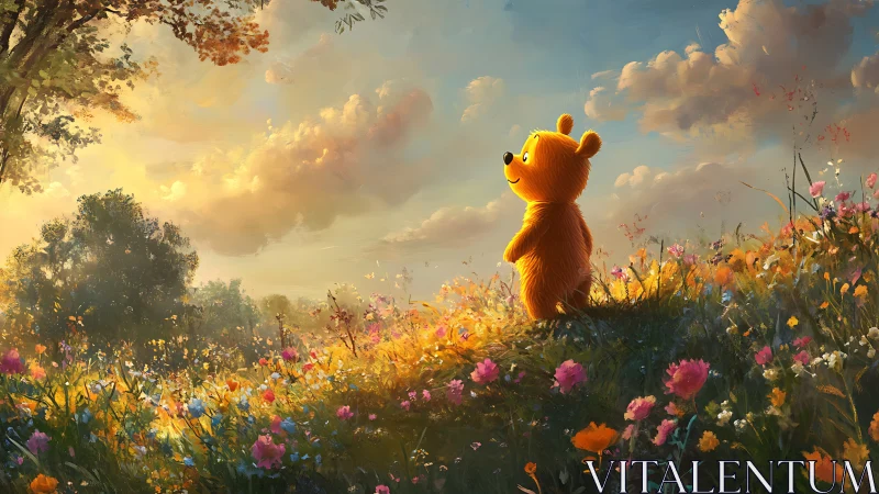 Sunlit bear character in luminous wildflower meadow panorama.