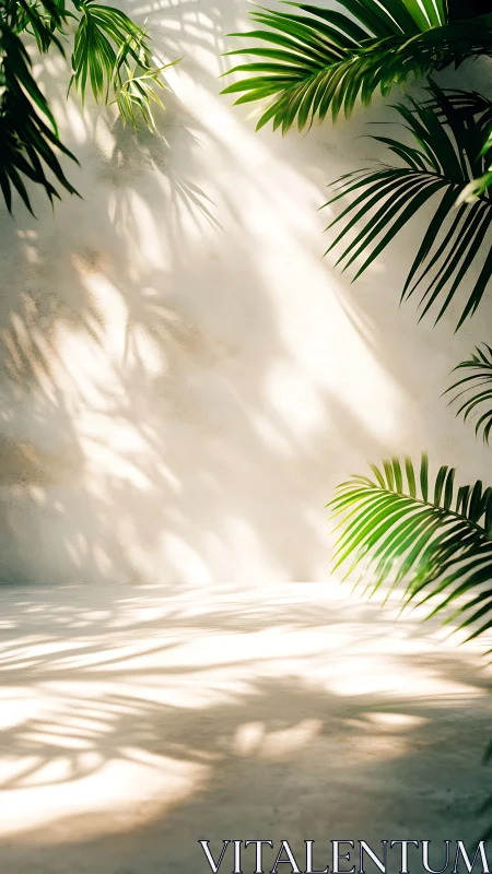 Tropical palm leaves cast soft shadows on sunlit wall.