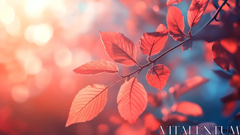 Red leaves in soft bokeh light on warm blurred background.