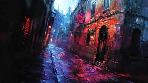 Rain-soaked neon alleyway glows with moody twilight color.