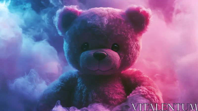 Plush teddy bear in colored fog under studio lighting.