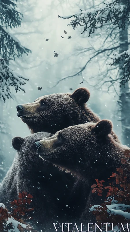 Triple brown bears rendered in hyper-detailed winter digital art